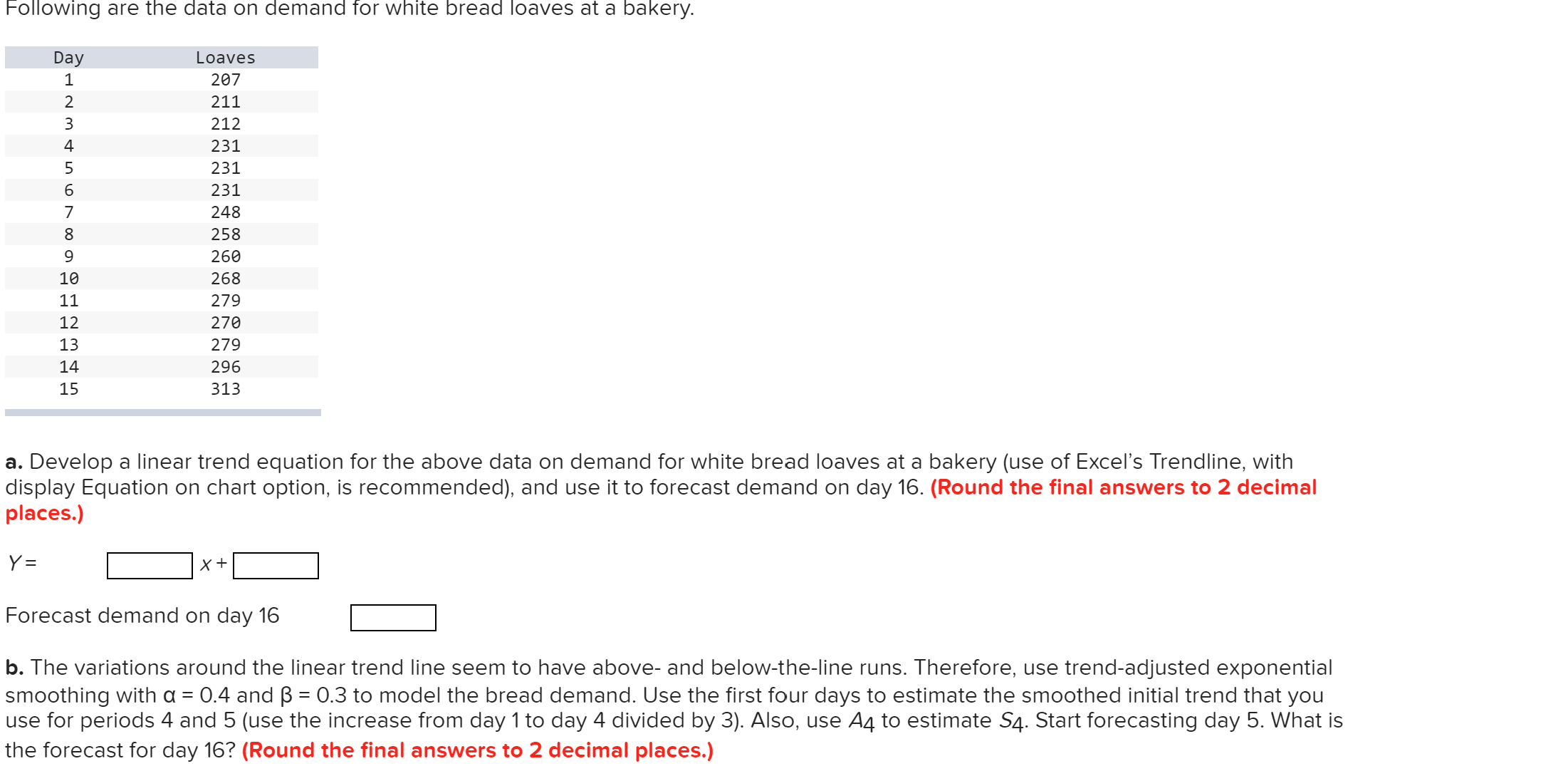  a. Develop a linear trend equation for the above data on