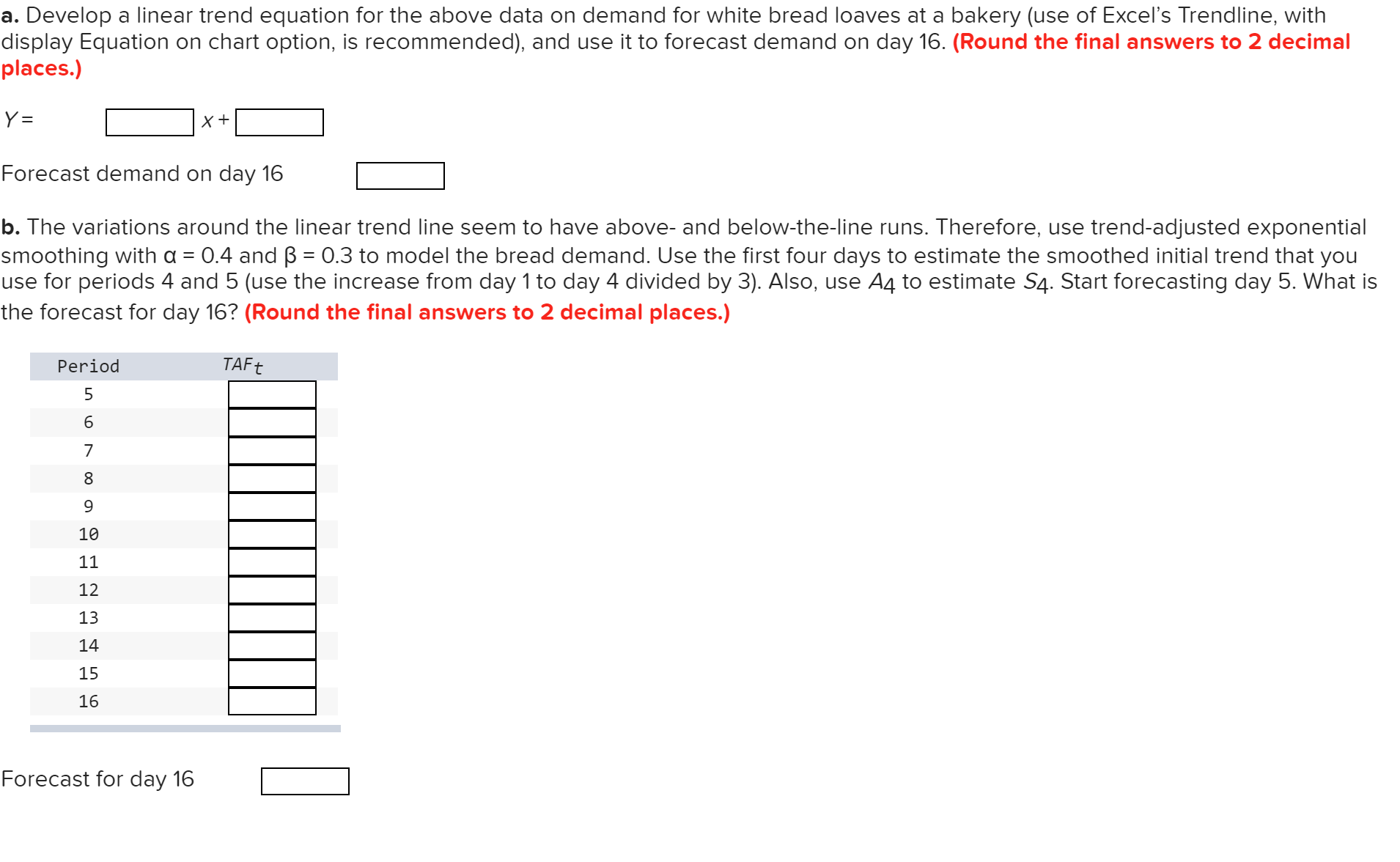 demand for white bread loaves at a bakery (use of Excel's Trendline,