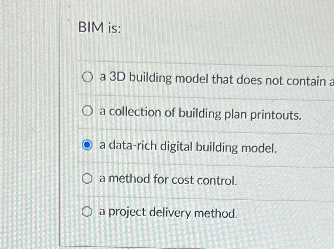  BIM is: a 3D building model that does not contain a