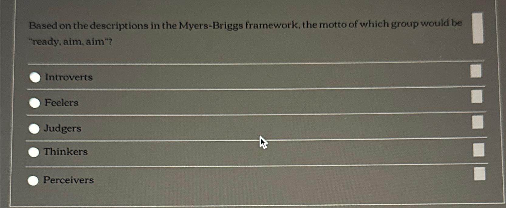  Based on the descriptions in the Myers-Briggs framework, the motto of