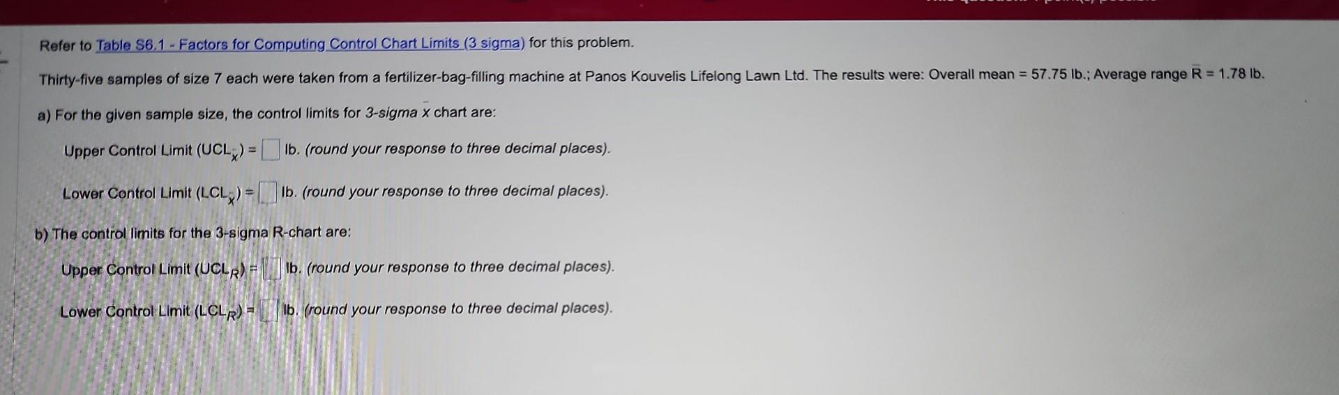 Table S6.1 Refer to Table S6.1 - Factors for Computing Control