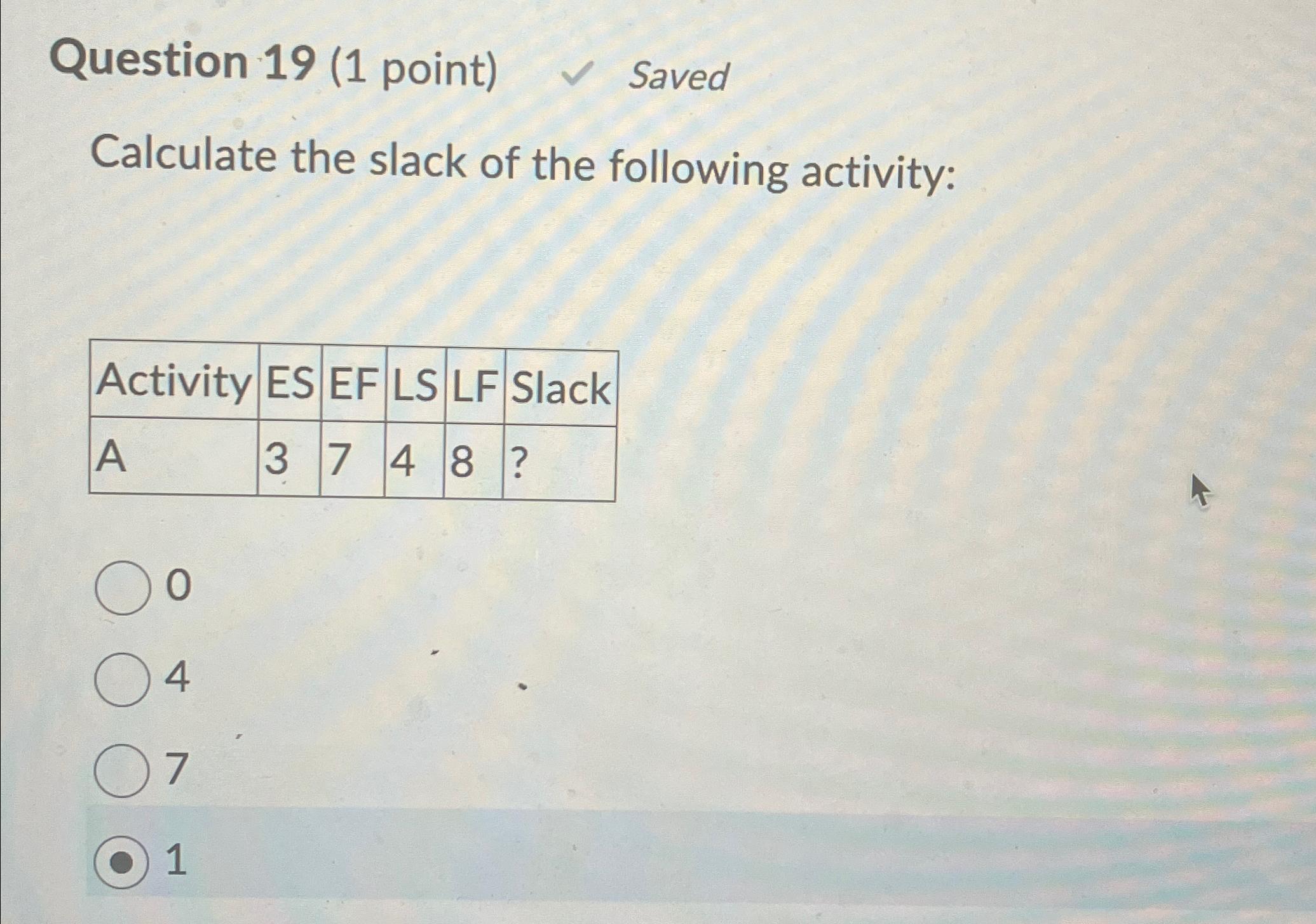  Question 19(1 point) Saved Calculate the slack of the following activity: