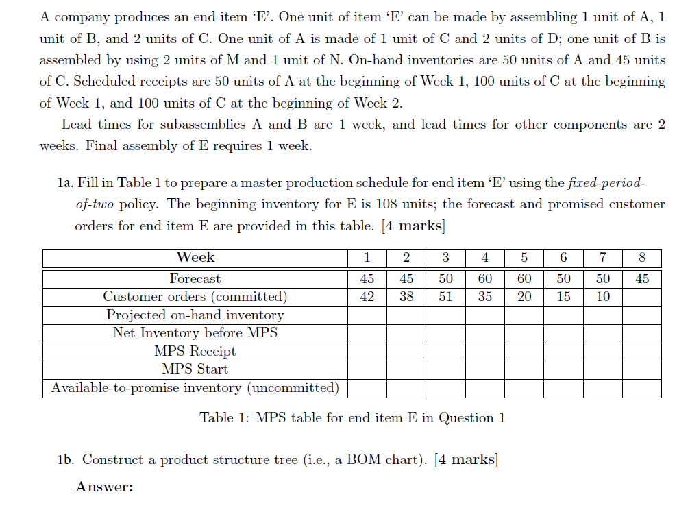  A company produces an end item 'E'. One unit of item