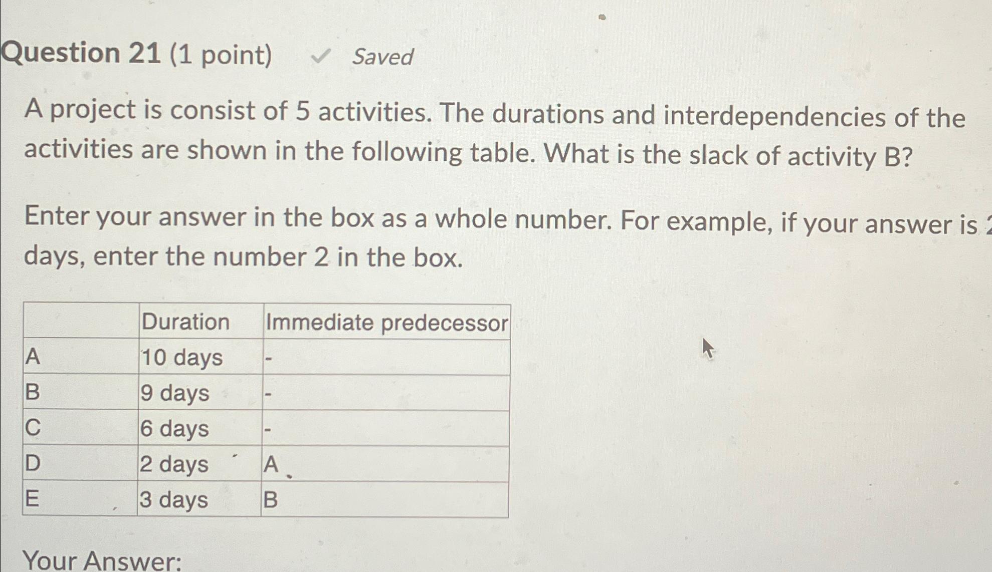  Question 21(1 point) Saved A project is consist of 5 activities.