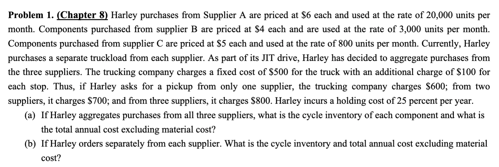 Problem 1. (Chapter 8) Harley purchases from Supplier A are priced