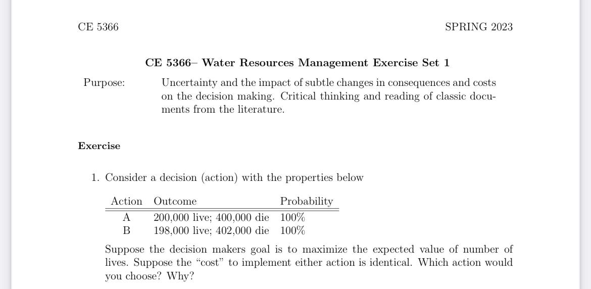  CE 5366- Water Resources Management Exercise Set 1 Purpose: Uncertainty and
