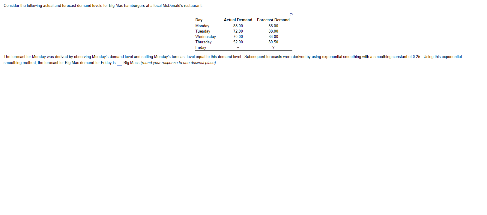 smoothing method, the forecast for Big Mac demand for Friday is