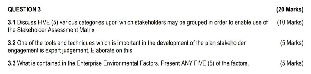  QUESTION 3 (20 Marks) 3.1 Discuss FIVE (5) various categories upon