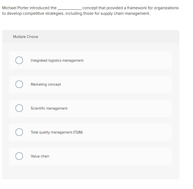 Hello, Michael Porter introduced the concept that provided a framework for organizations