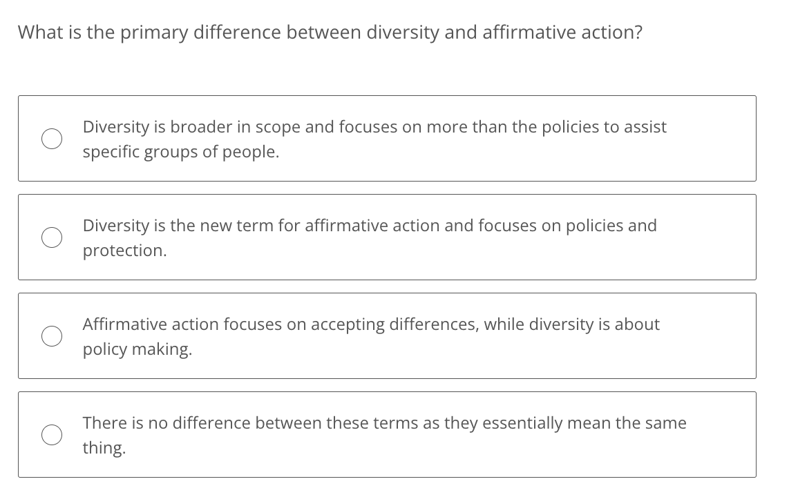 What is the primary difference between diversity and affirmative action? Diversity