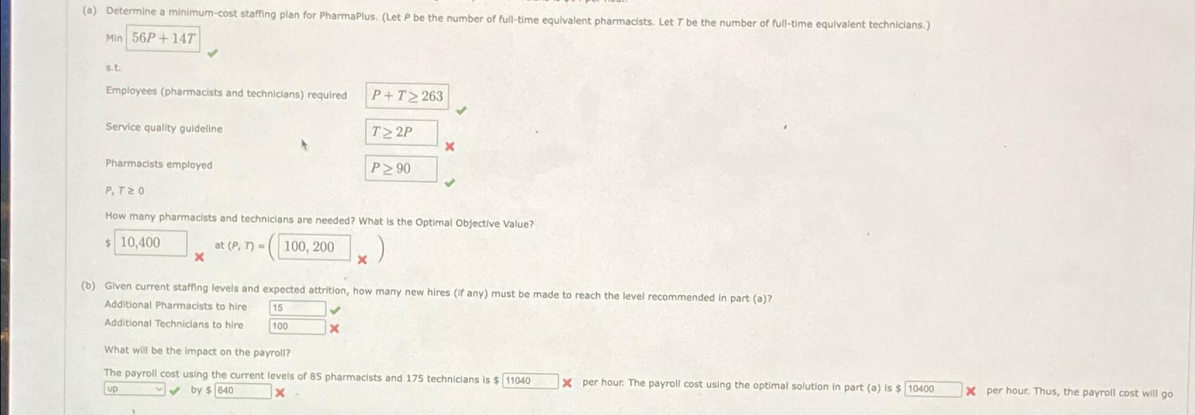 (a) Determine a minimum-cost staffing plan for PharmaPlus. (Let P be