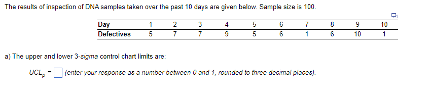  a) The upper and lower 3-sigma control chart limits are: UCLp=