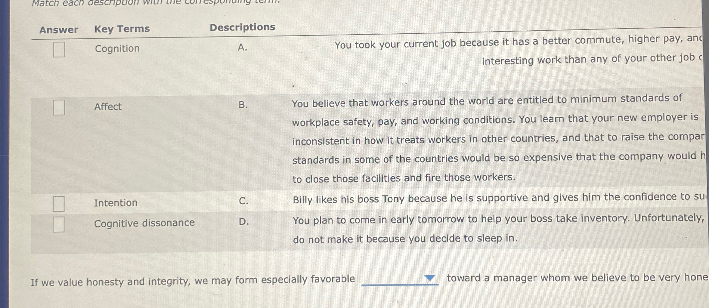  Answer Key Terms Cognition Affect Intention Cognitive dissonance Descriptions A. You