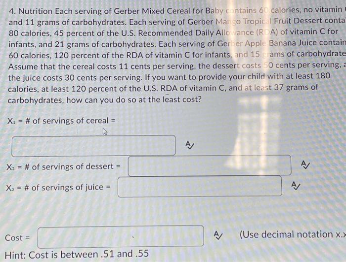 solve in excel using solver , show work plz 4. Nutrition Each