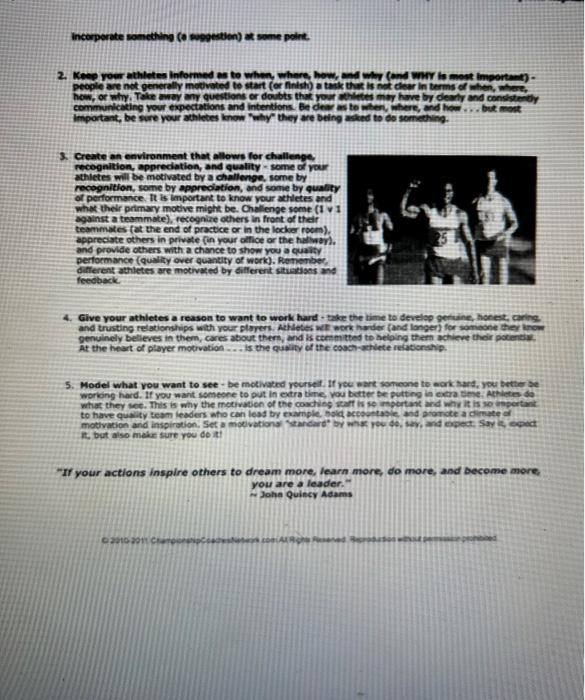 keys to motivating your athletes" by Greg Shelley -see article attached on