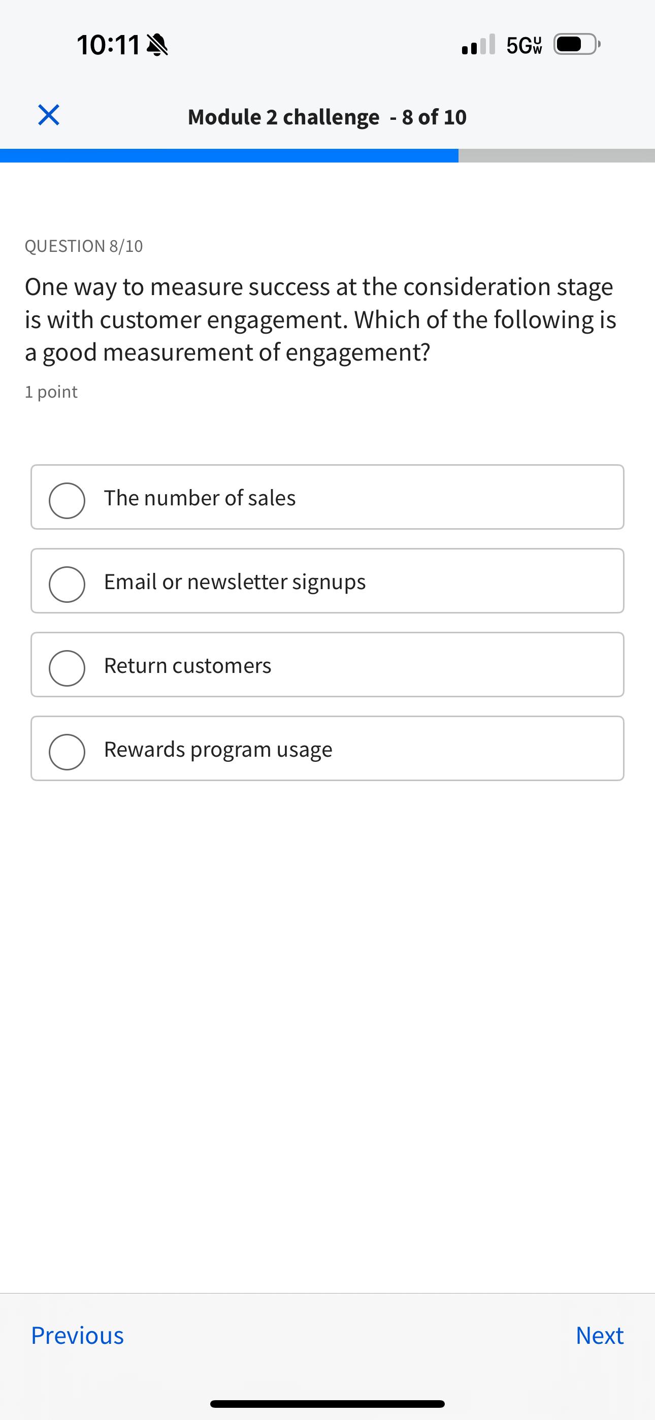  10:11 .I 5Gwu Module 2 challenge -8 of 10 QUESTION 8/10
