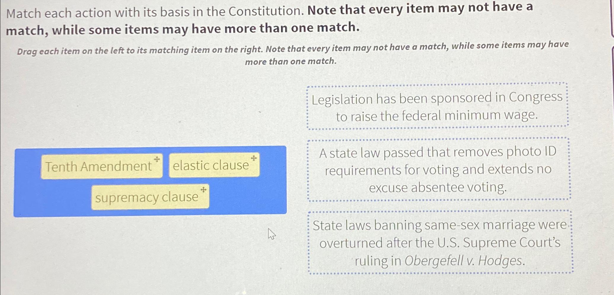  Match each action with its basis in the Constitution. Note that