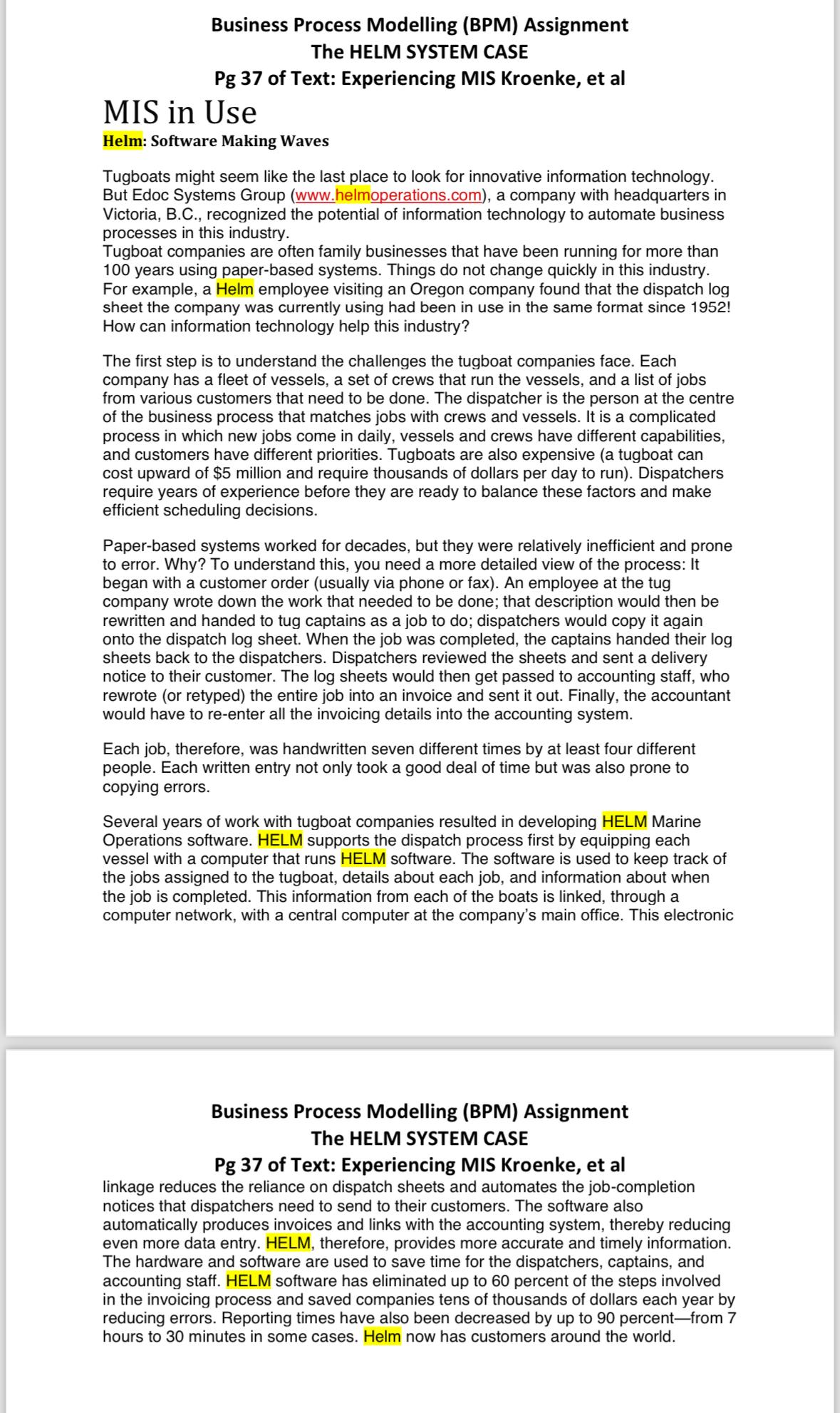  Business Process Modelling (BPM) Assignment The HELM SYSTEM CASE Pg 37