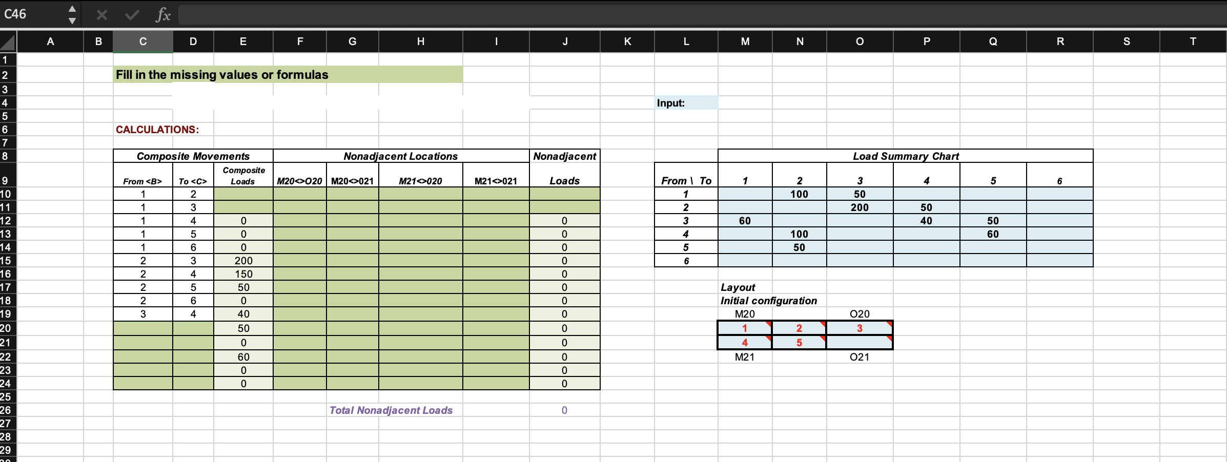 Fill in the missing values and formulas in the darker green filled