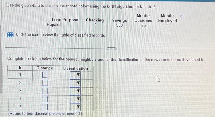 Use the given data to classify the record below using the