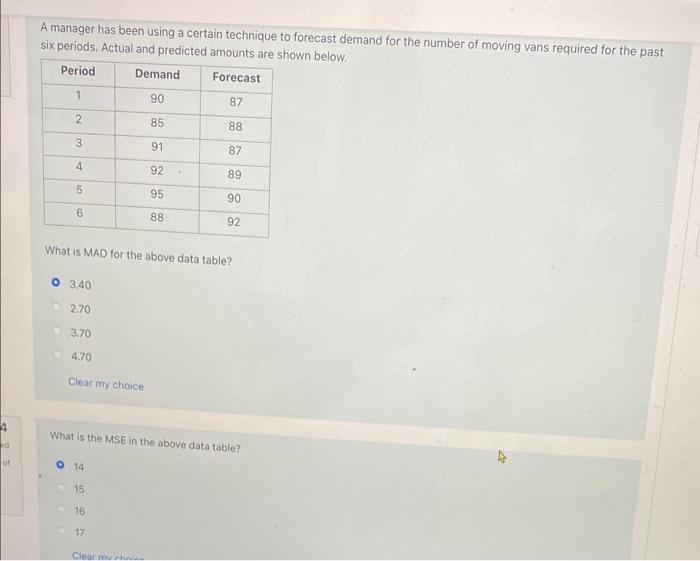  A manager has been using a certain technique to forecast demand