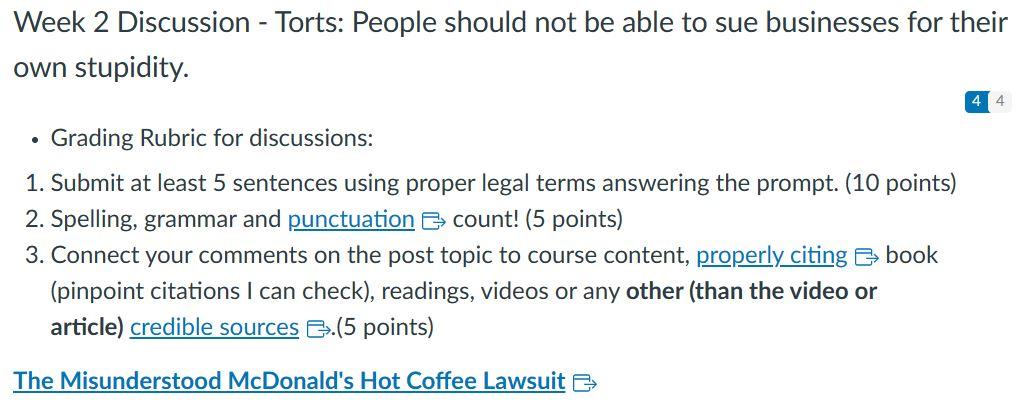  Week 2 Discussion - Torts: People should not be able to