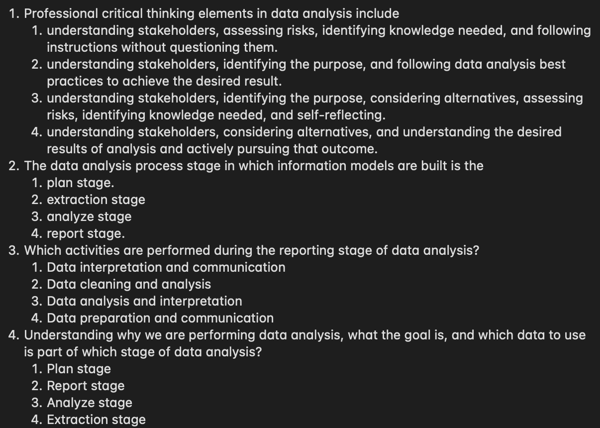  1. Professional critical thinking elements in data analysis include 1. understanding