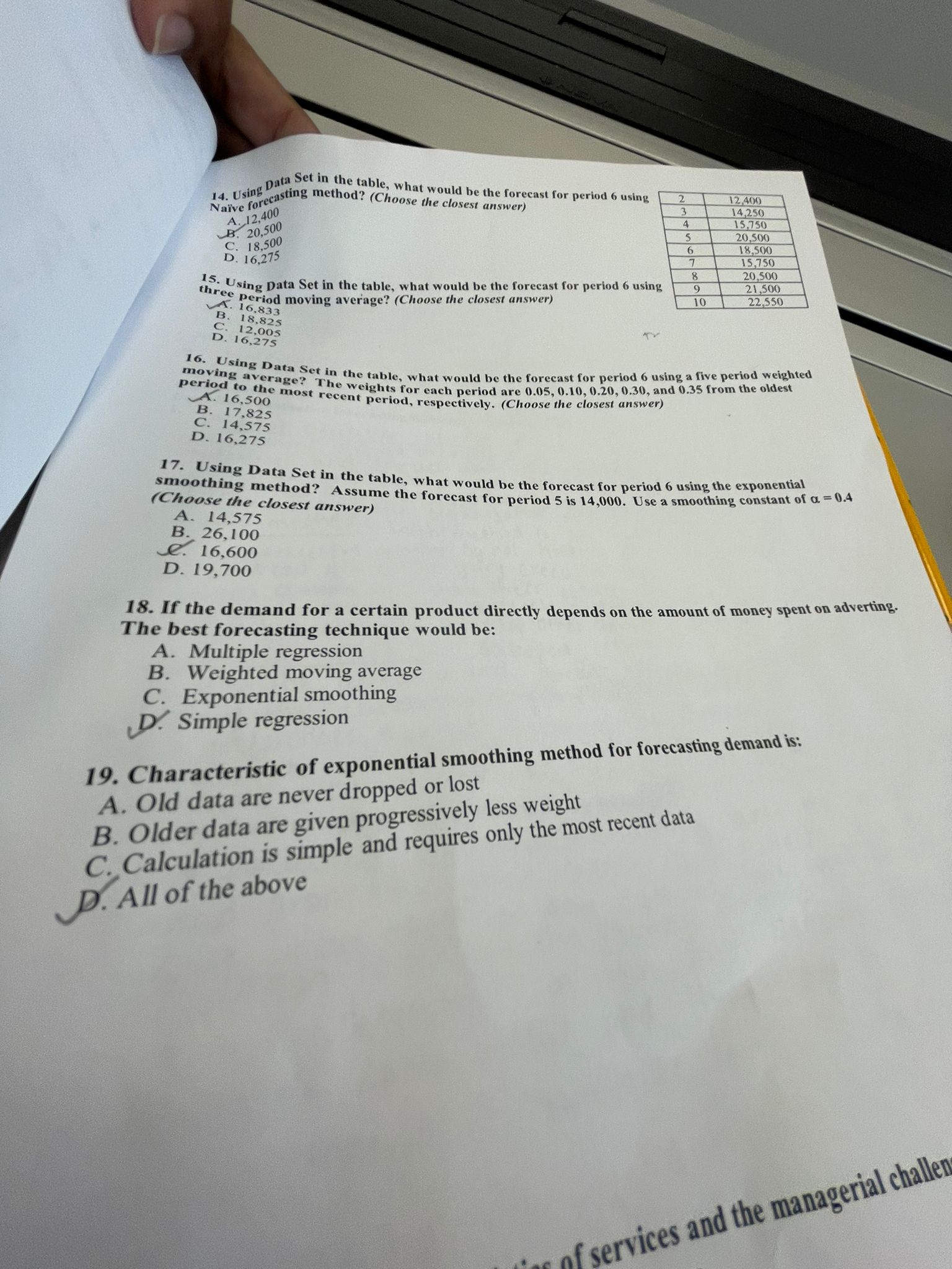 double check the answers 14. Using Data Set in the table, what