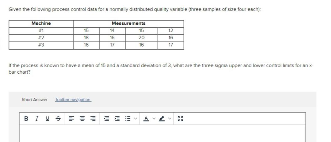  Given the following process control data for a normally distributed quality