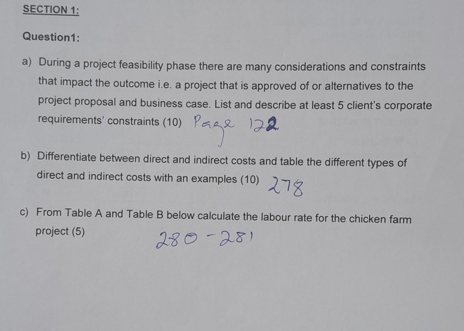A Employees Associated Labour Costs: Table B a) During a project feasibility
