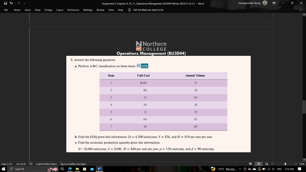  3. Answer the following questions. a. Perform A-B-C classification on these