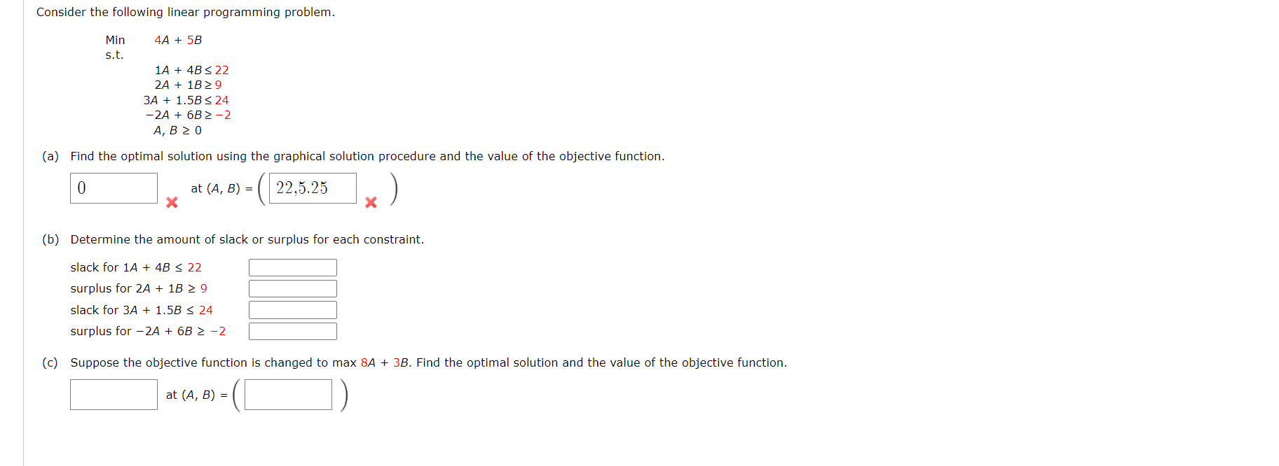  Consider the following linear programming problem. Min 4A+5B s.t. ,1A+4B22 ,2A+1B9