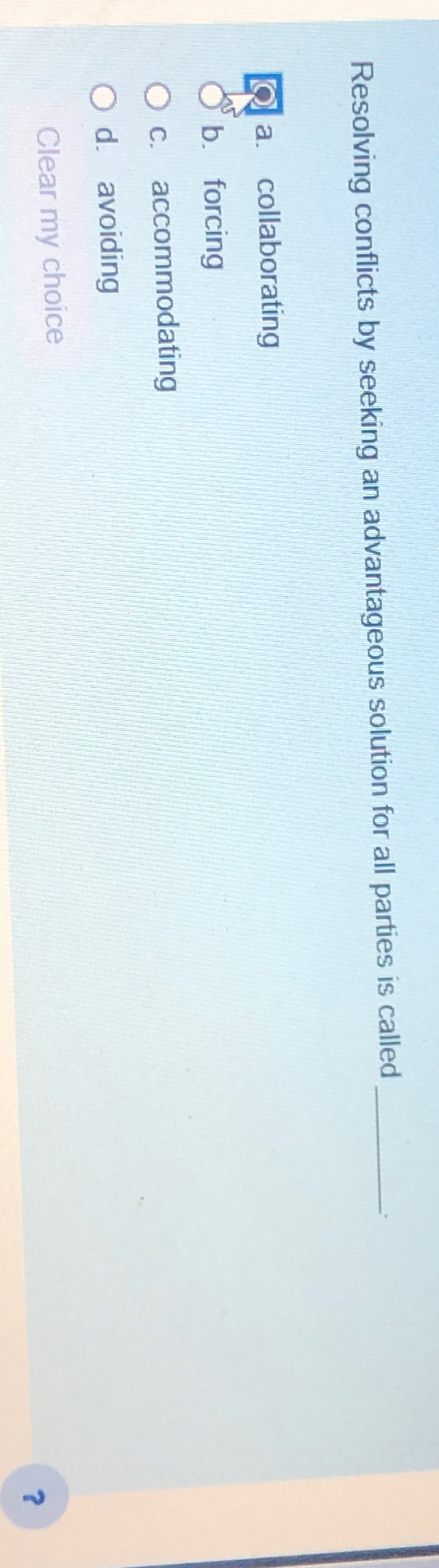  Resolving conflicts by seeking an advantageous solution for all parties is