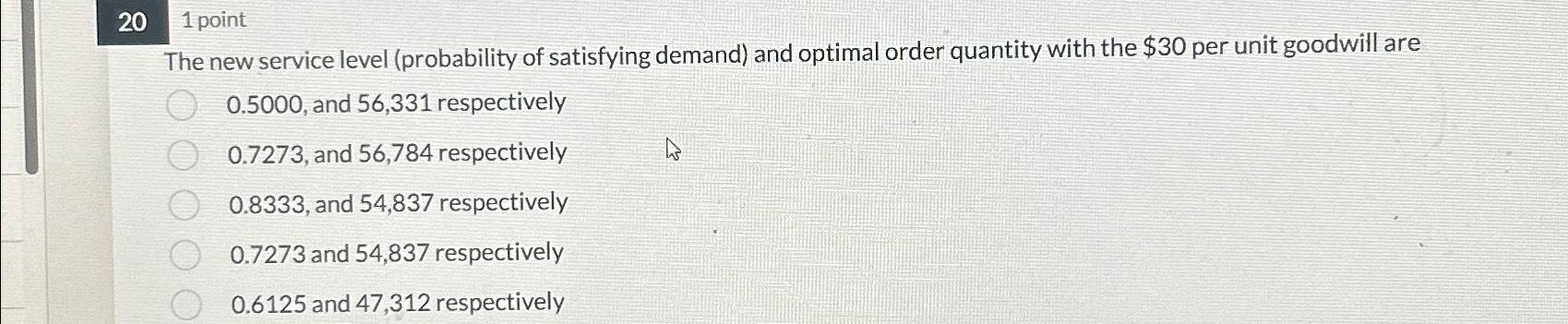  201point The new service level (probability of satisfying demand) and optimal