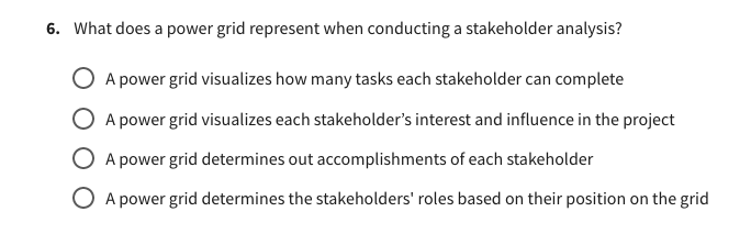  6. What does a power grid represent when conducting a stakeholder