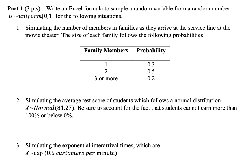 Part 1 (3 pts) - Write an Excel formula to sample