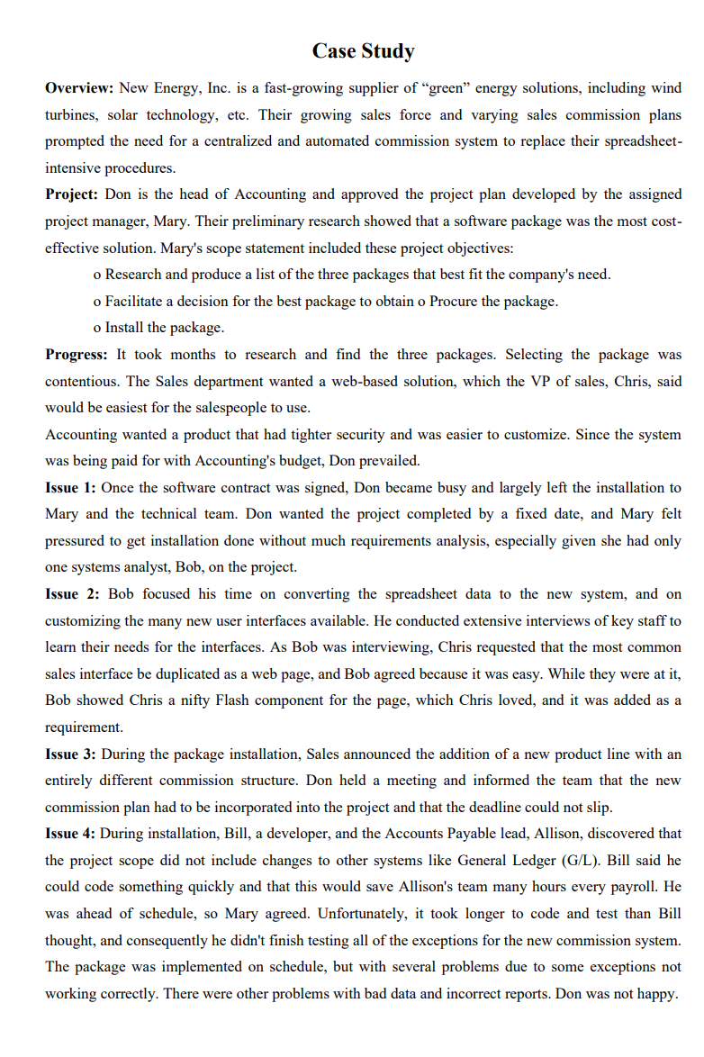  Case Study Overview: New Energy, Inc. is a fast-growing supplier of