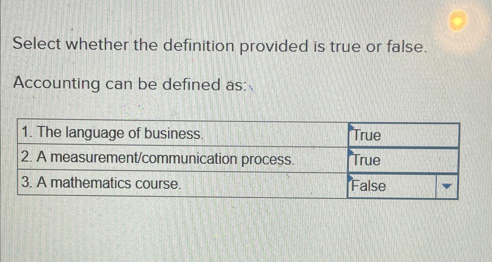  Select whether the definition provided is true or false. Accounting can