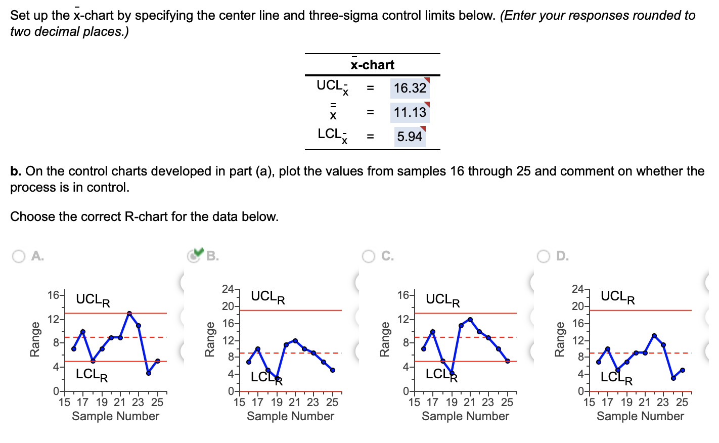 Part a? I'm struggling with finding the x-bar and R-chart values. The