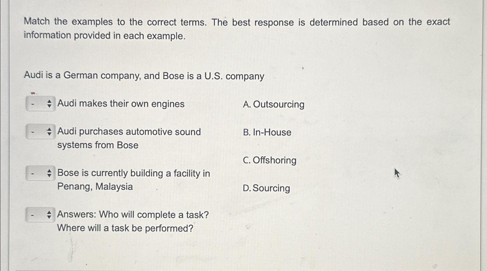  Match the examples to the correct terms. The best response is