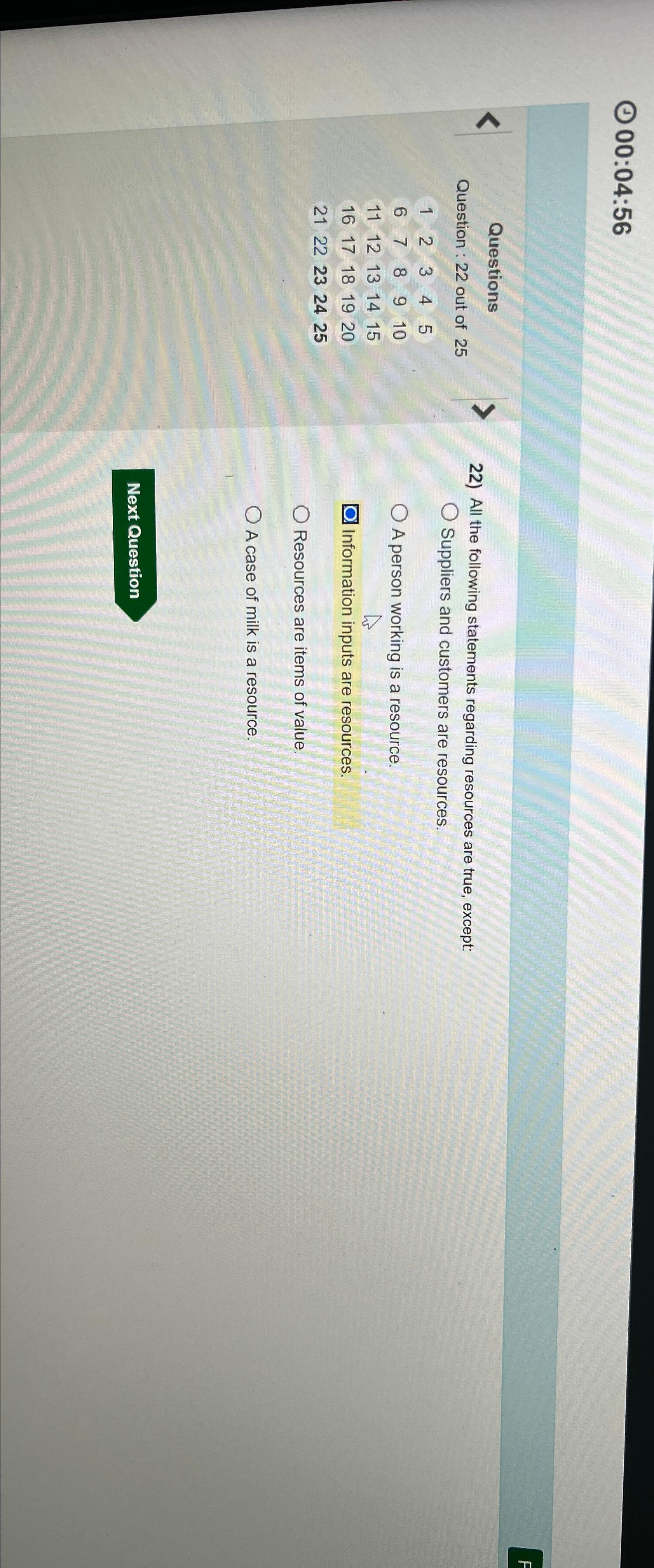  ()00:04:56 Questions Question : 22 out of 25 1,2,3,4,5 6,7,8,9,10 11,12,13,14,15