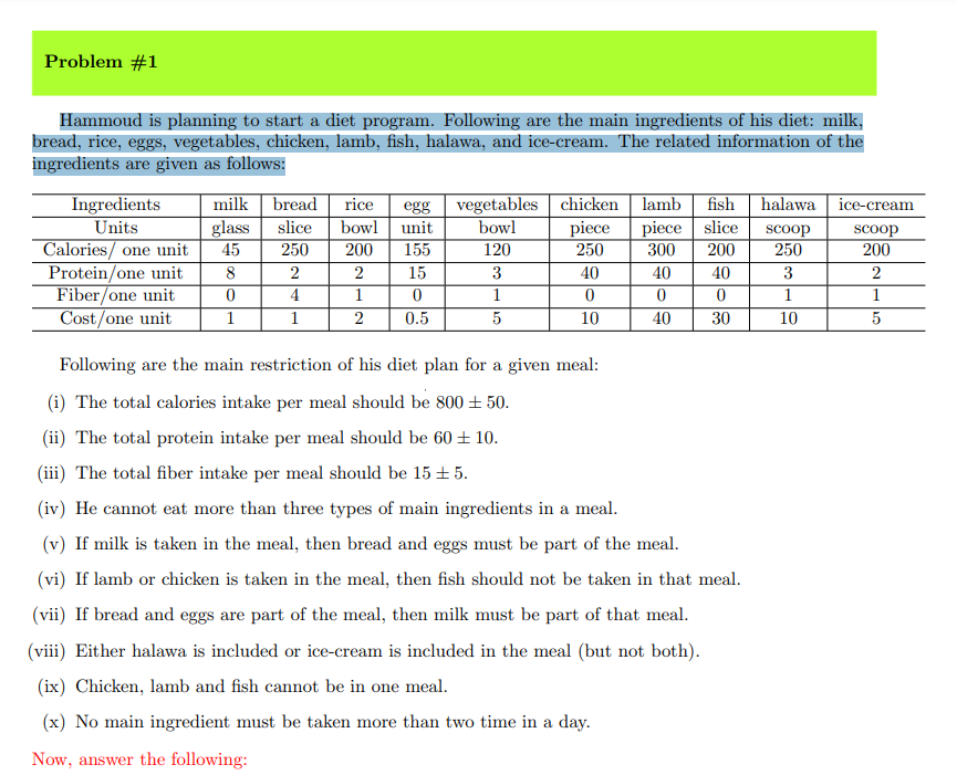 Hammoud is planning to start a diet program. Following are the