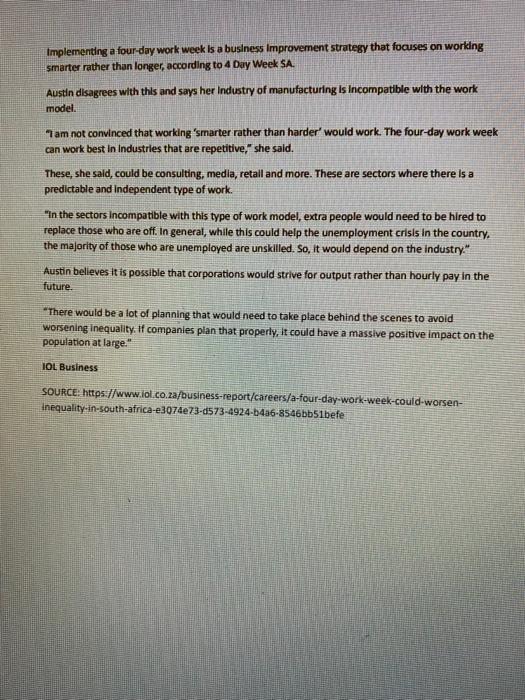 Summary Identify stakeholders employement laws Issues Advise/solutions References 'A four day work