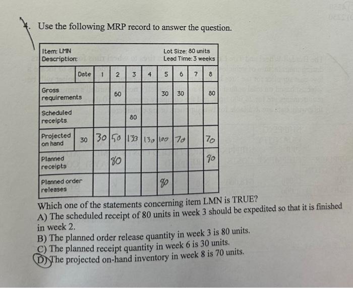 please help! answer is not D Use the following MRP record to