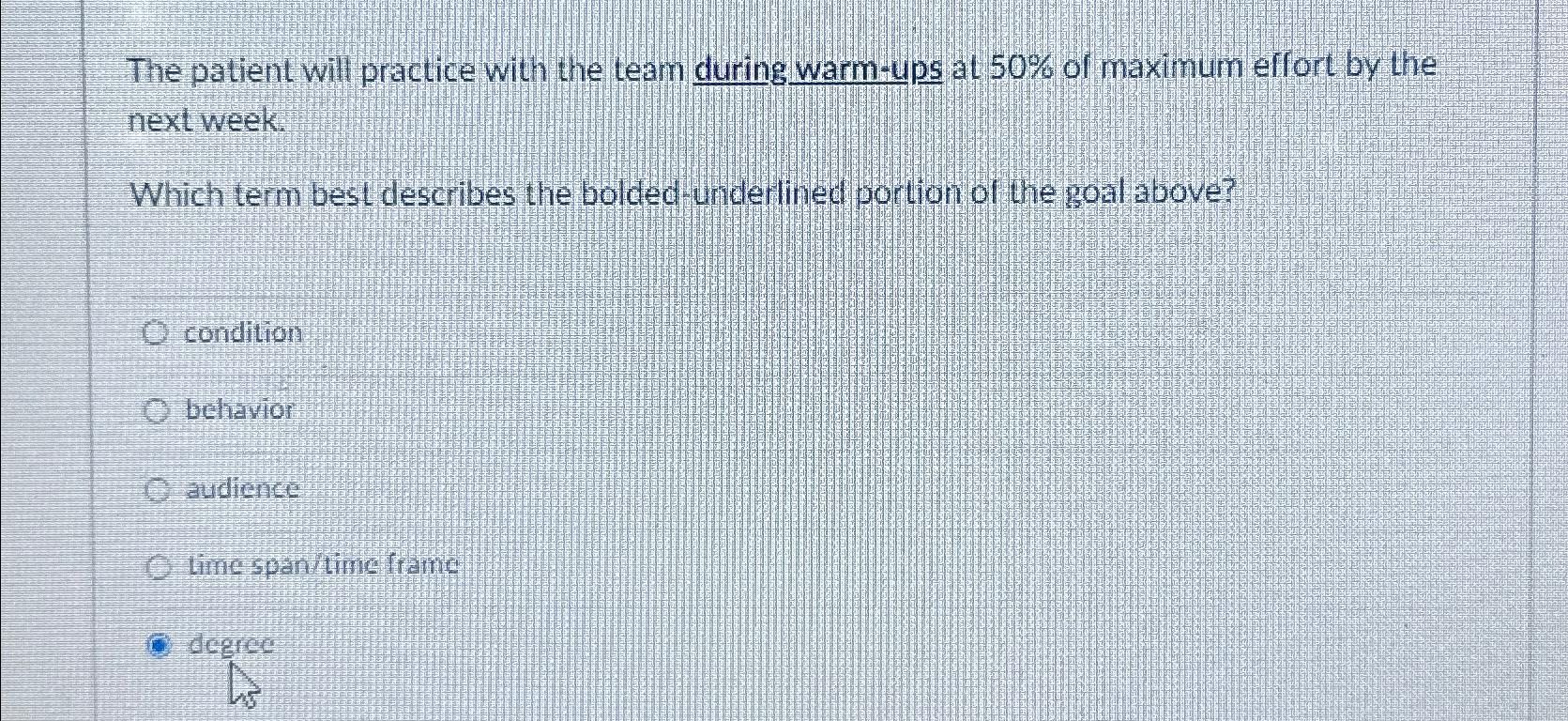  The patient will practice with the team during warm-ups at 50%