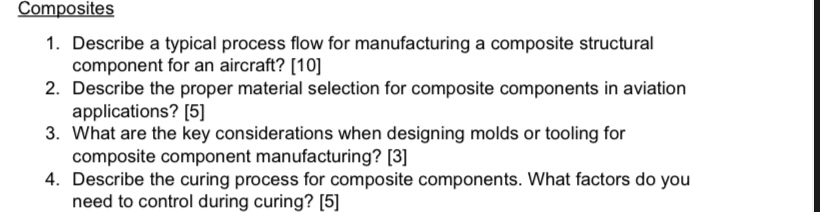 1. Describe a typical process flow for manufacturing a composite structural