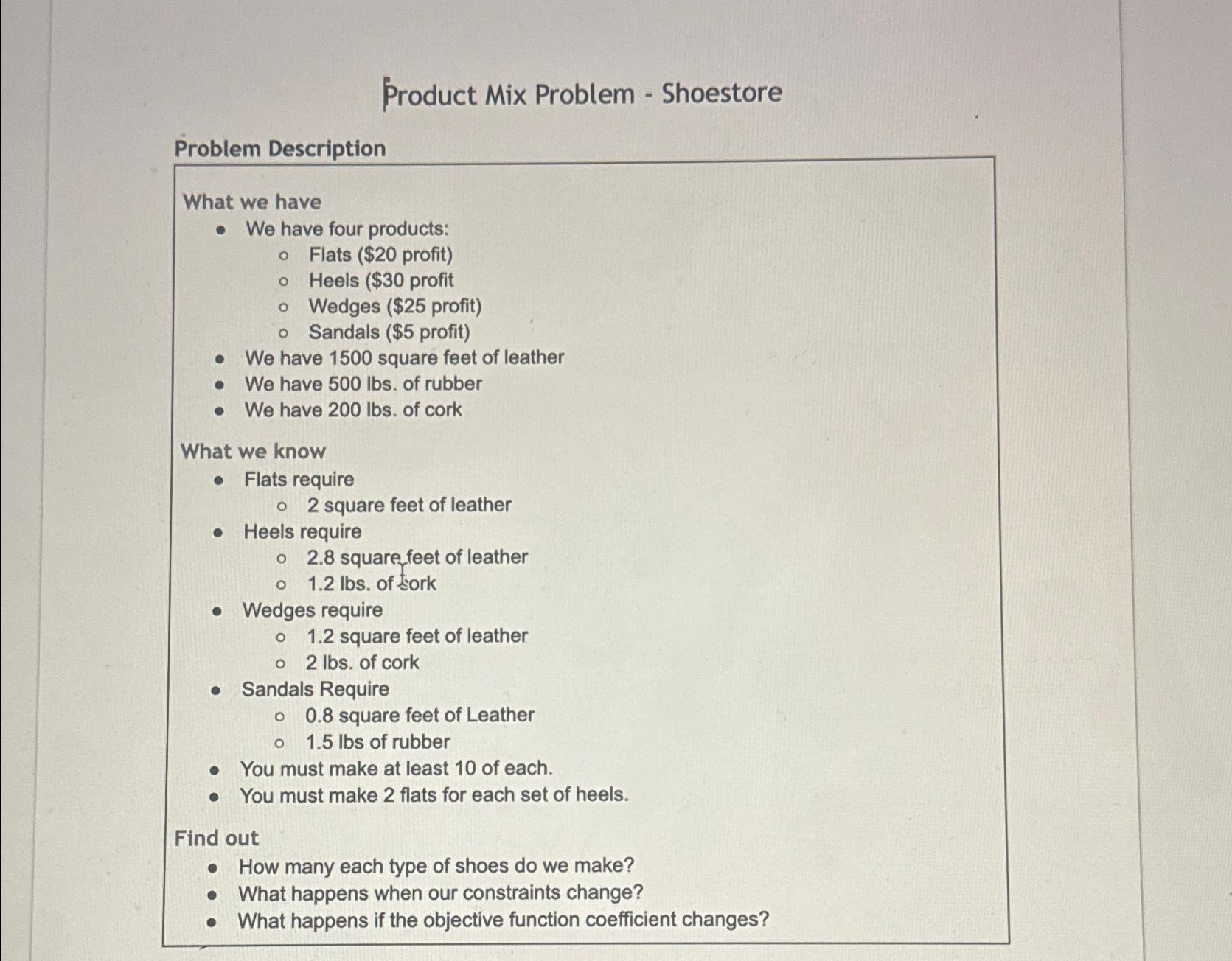  Product Mix Problem - Shoestore Problem Description What we have We