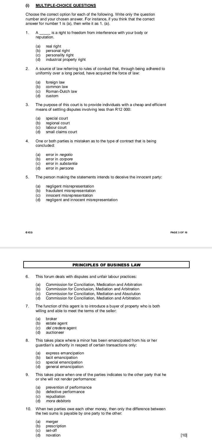  (i) MULTIPLE-CHOICE QUESTIONS Choose the correct option for each of the