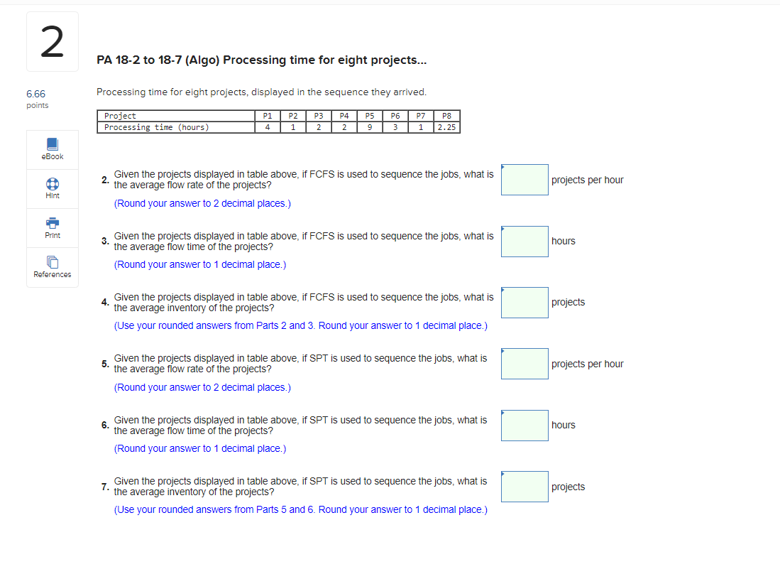 PA 182 to 187 (Algo) Processing time for eight projects... Processing