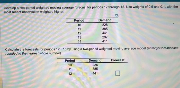 Please calculate the forecasts for periods 12-15 using the 2 period weighted